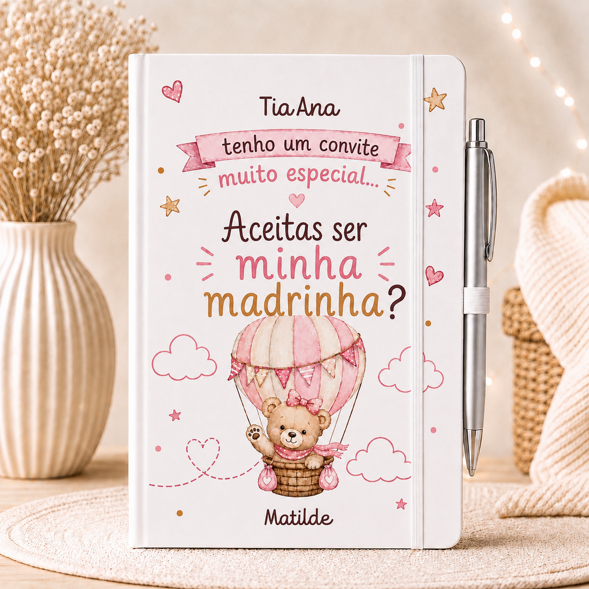 Caderno convite padrinhos em rosa menina