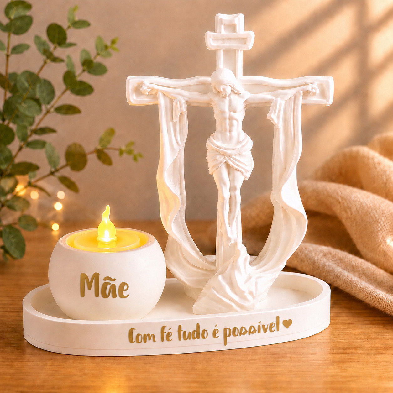 Conjunto Decorativo Cruz e Vela LED Personalizado para a Mãe