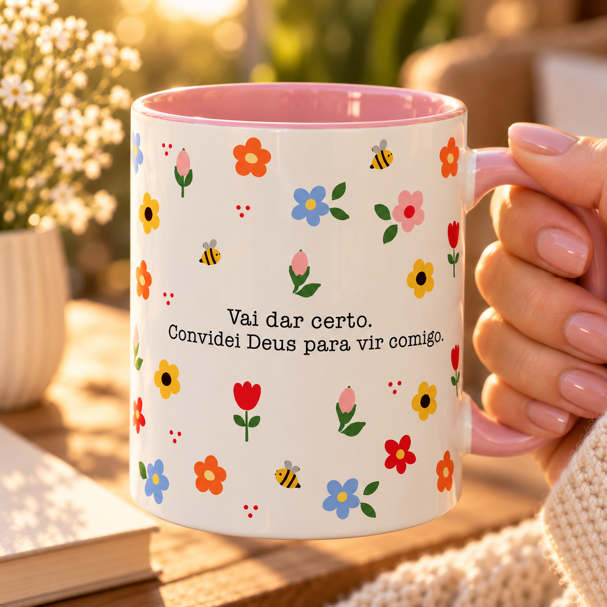 Caneca com mensagem de fé para mulher