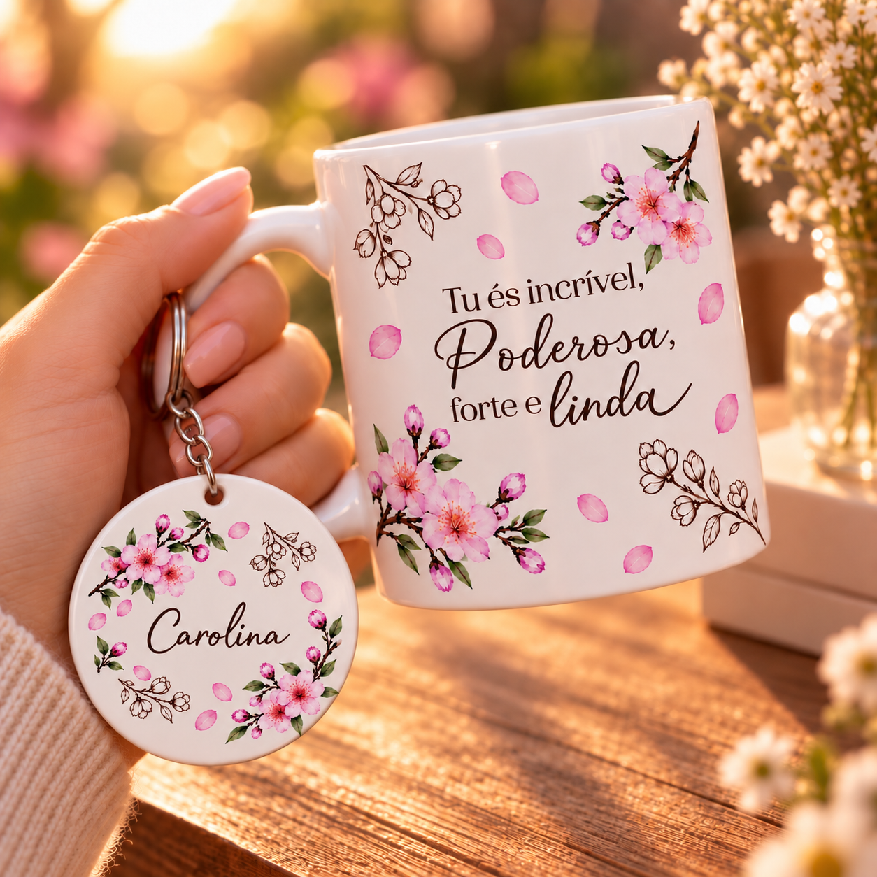 Conjunto caneca e porta chaves personalizados para ela 