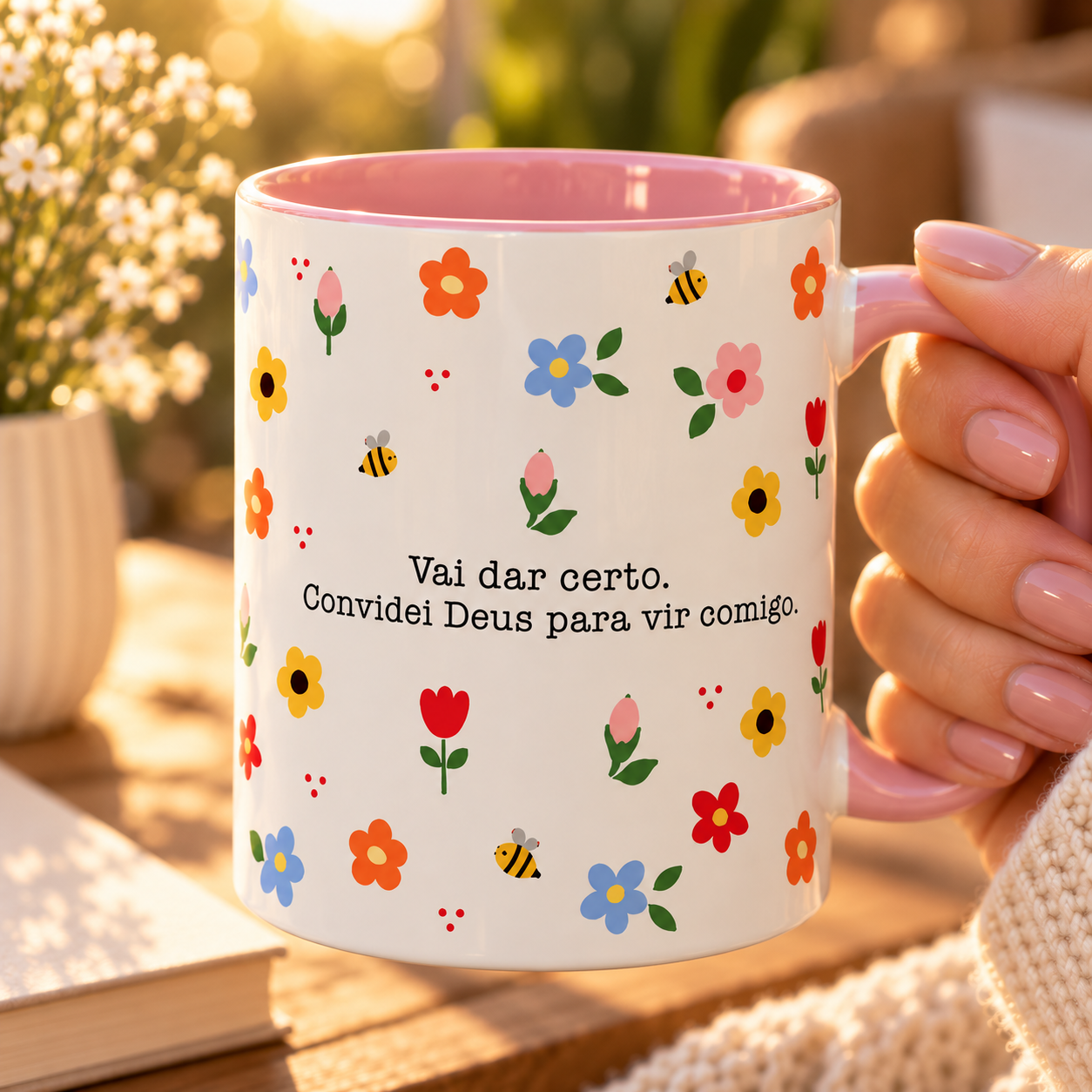 Caneca com mensagem de fé para mulher