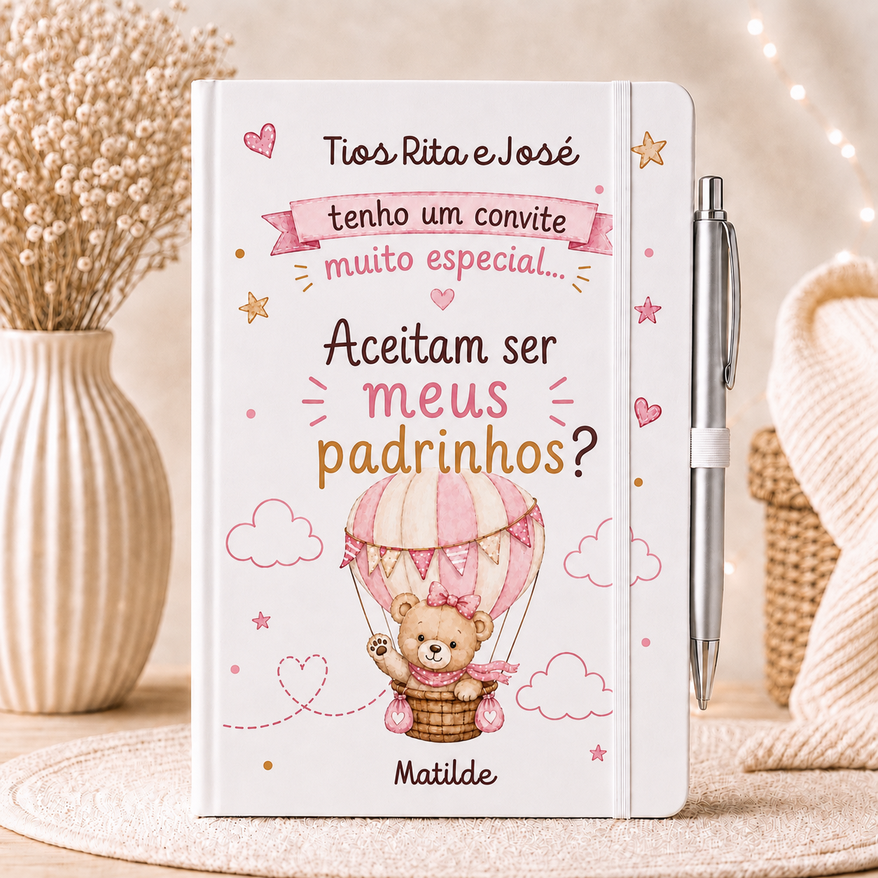 Caderno convite padrinhos em rosa 