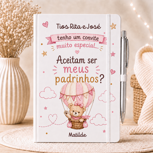 Caderno convite padrinhos em rosa 