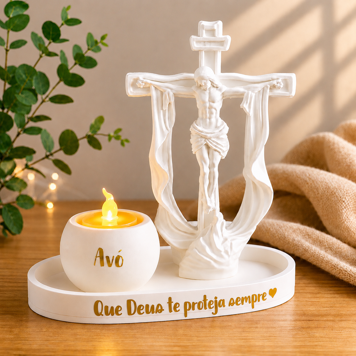 Conjunto Decorativo Cruz e Vela LED Personalizado para Avó