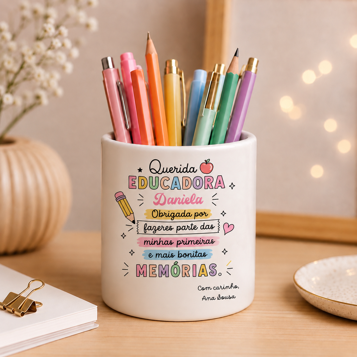 Porta canetas presente personalizado para educadora